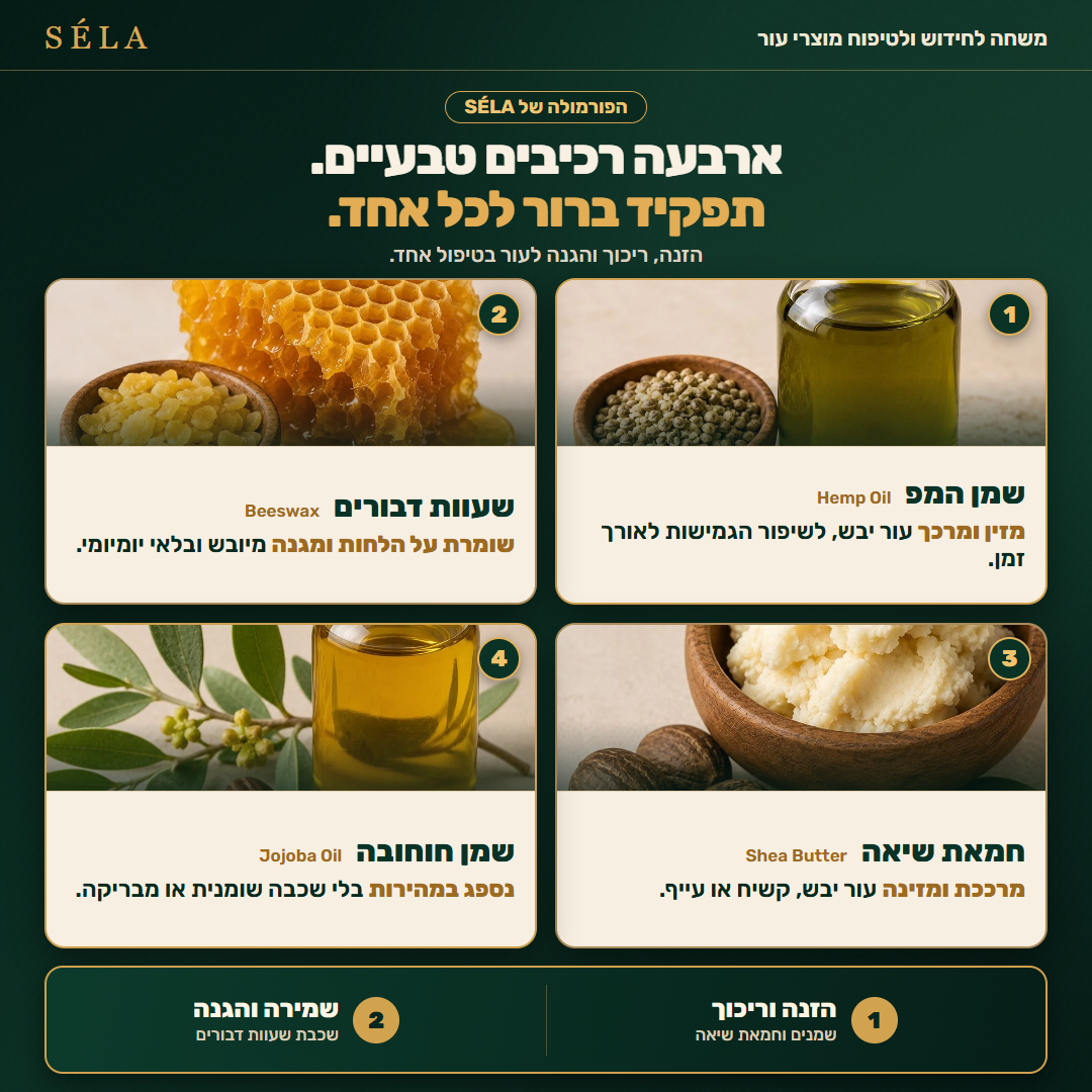 ארבעת המרכיבים הטבעיים של SÉLA: שמן המפ, שעוות דבורים, חמאת שיאה ושמן חוחובה
