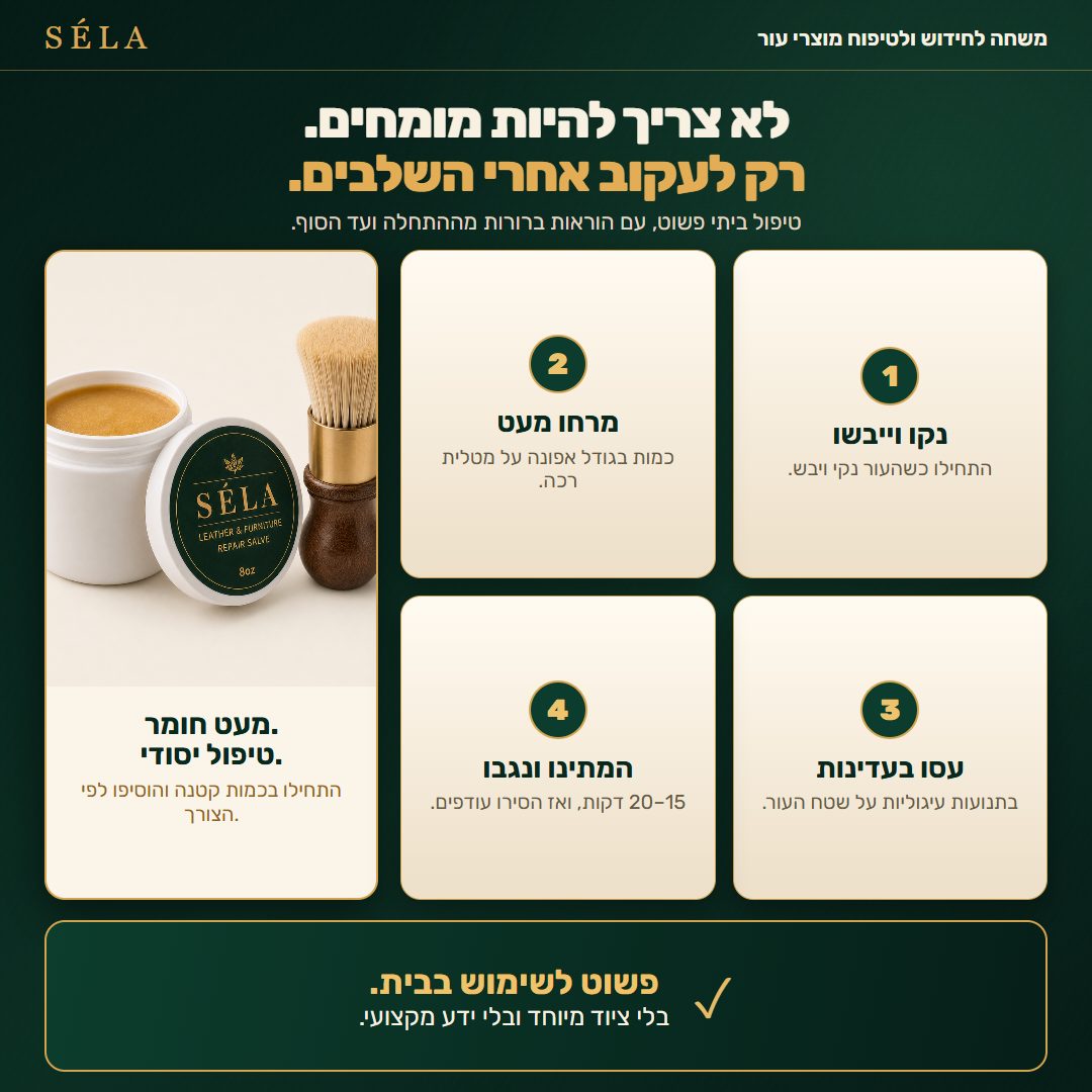 מדריך שימוש ב-SÉLA בשישה שלבים: ניקוי, מריחת כמות קטנה, עיסוי בעדינות, ספיגה, קינוח וחזרה על הטיפול