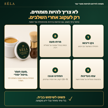 מדריך שימוש ב-SÉLA בשישה שלבים: ניקוי, מריחת כמות קטנה, עיסוי בעדינות, ספיגה, קינוח וחזרה על הטיפול